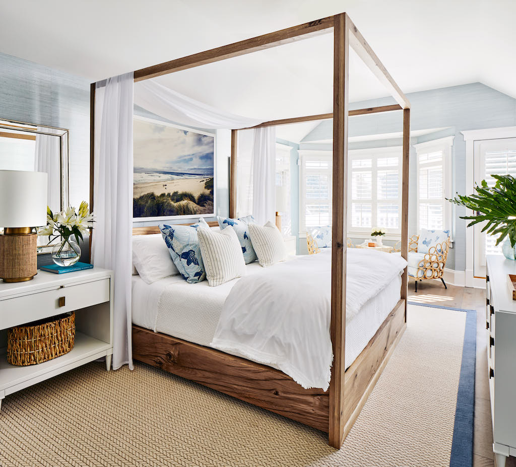 Beachy bedroom interior with blue accents