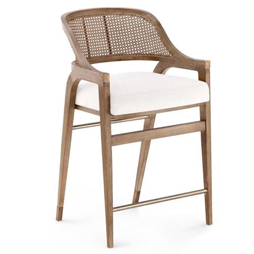 mahogany wood and woven cane counter stool with white seat cushion