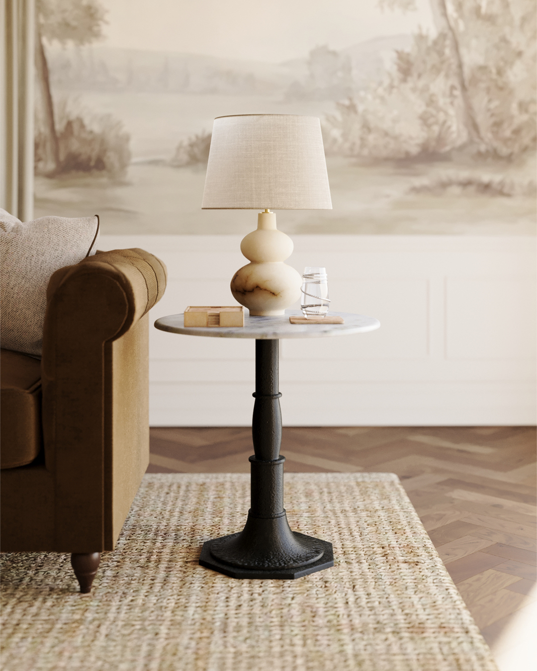 White marble and black cast iron side table