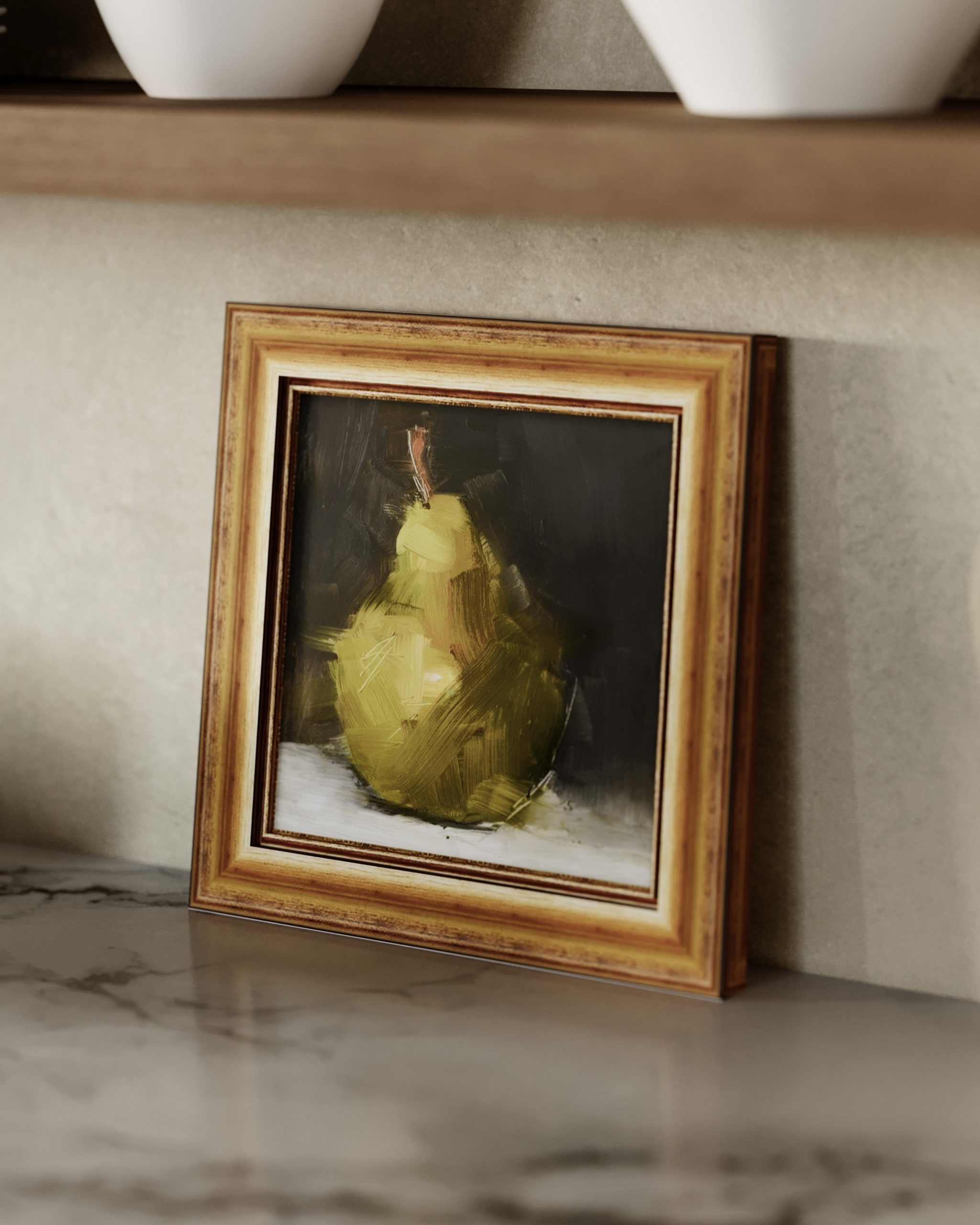 a pear painting in a gold frame