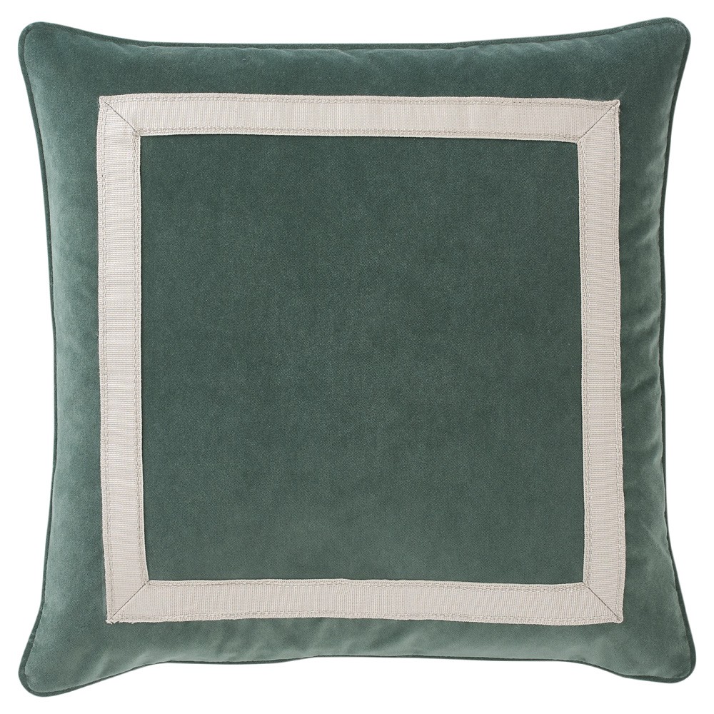 green velvet throw pillow with window pane detailing