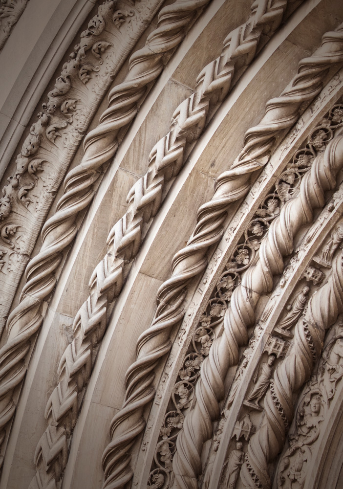 Intricately carved stone facade of a European building