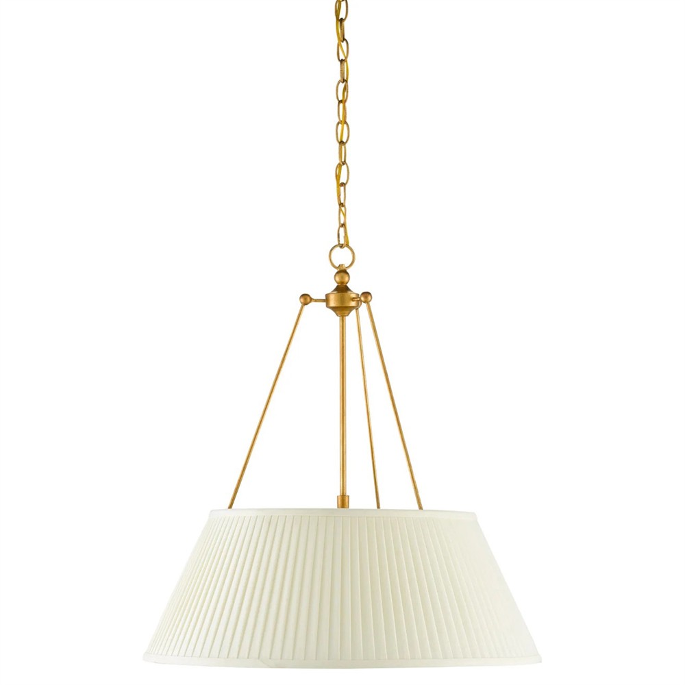 antique gold leaf pendant light fixture with a white pleated shade