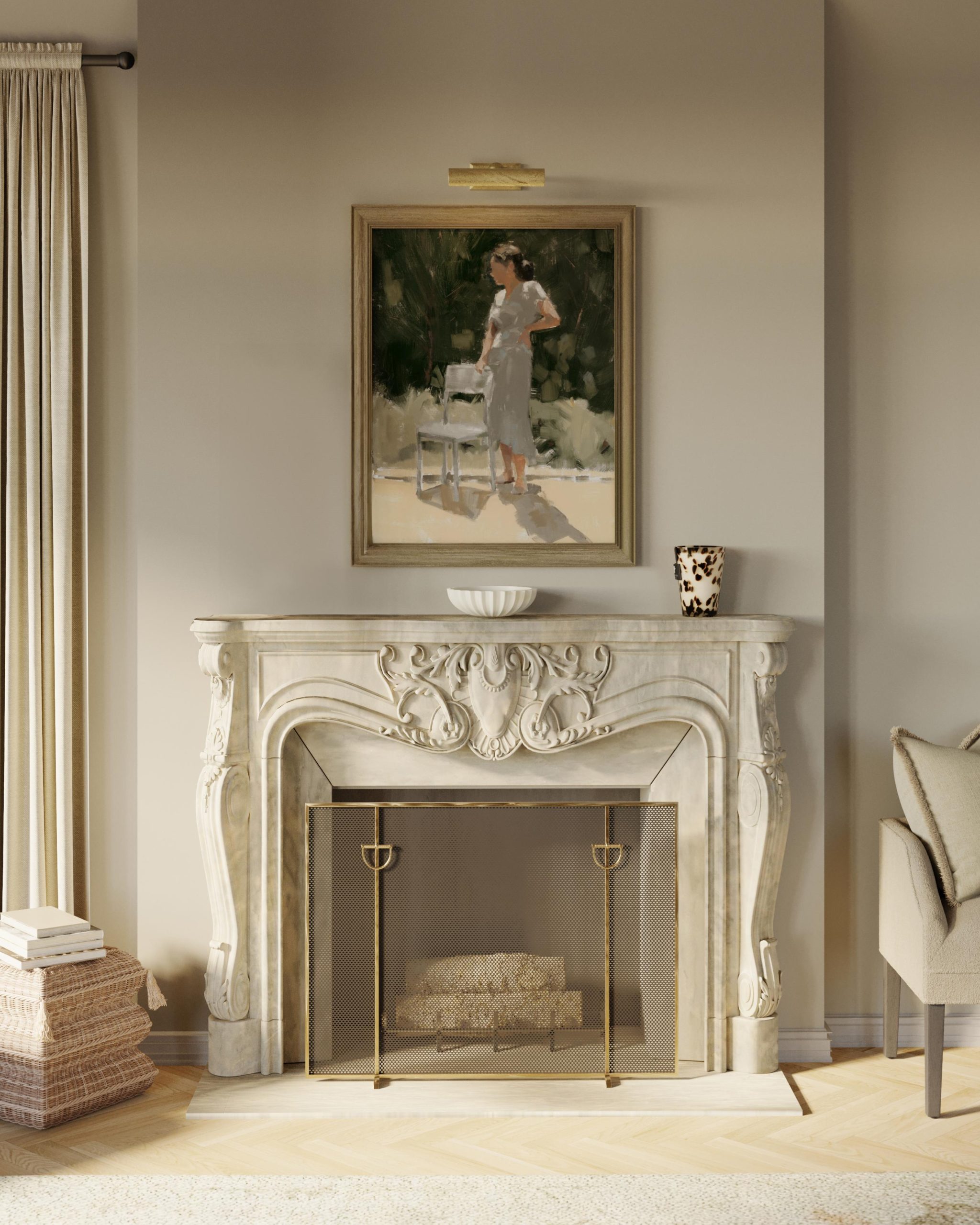 A French country painting above a carved marble fireplace