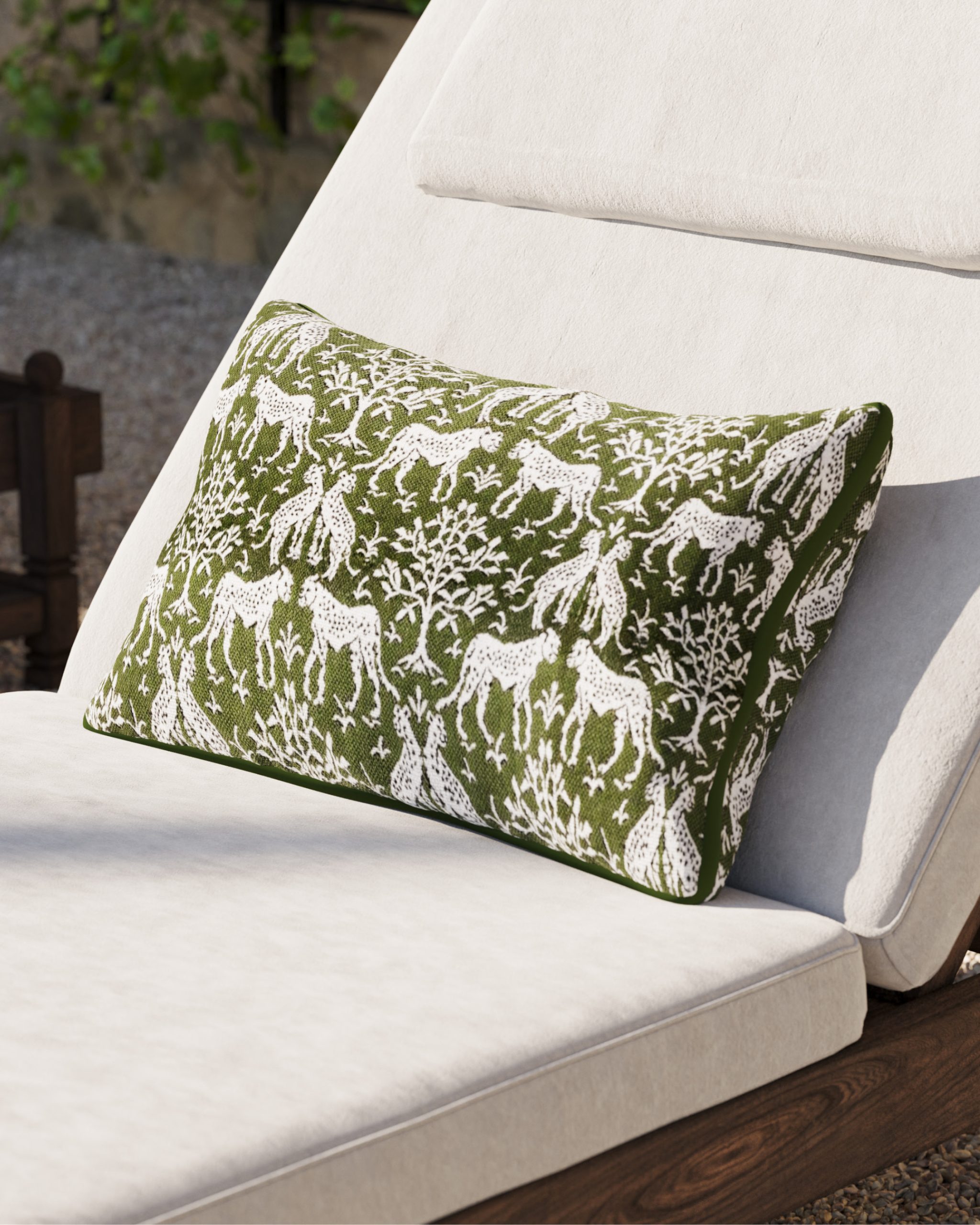 Outdoor Chaise Lounge with green lumbar pillow