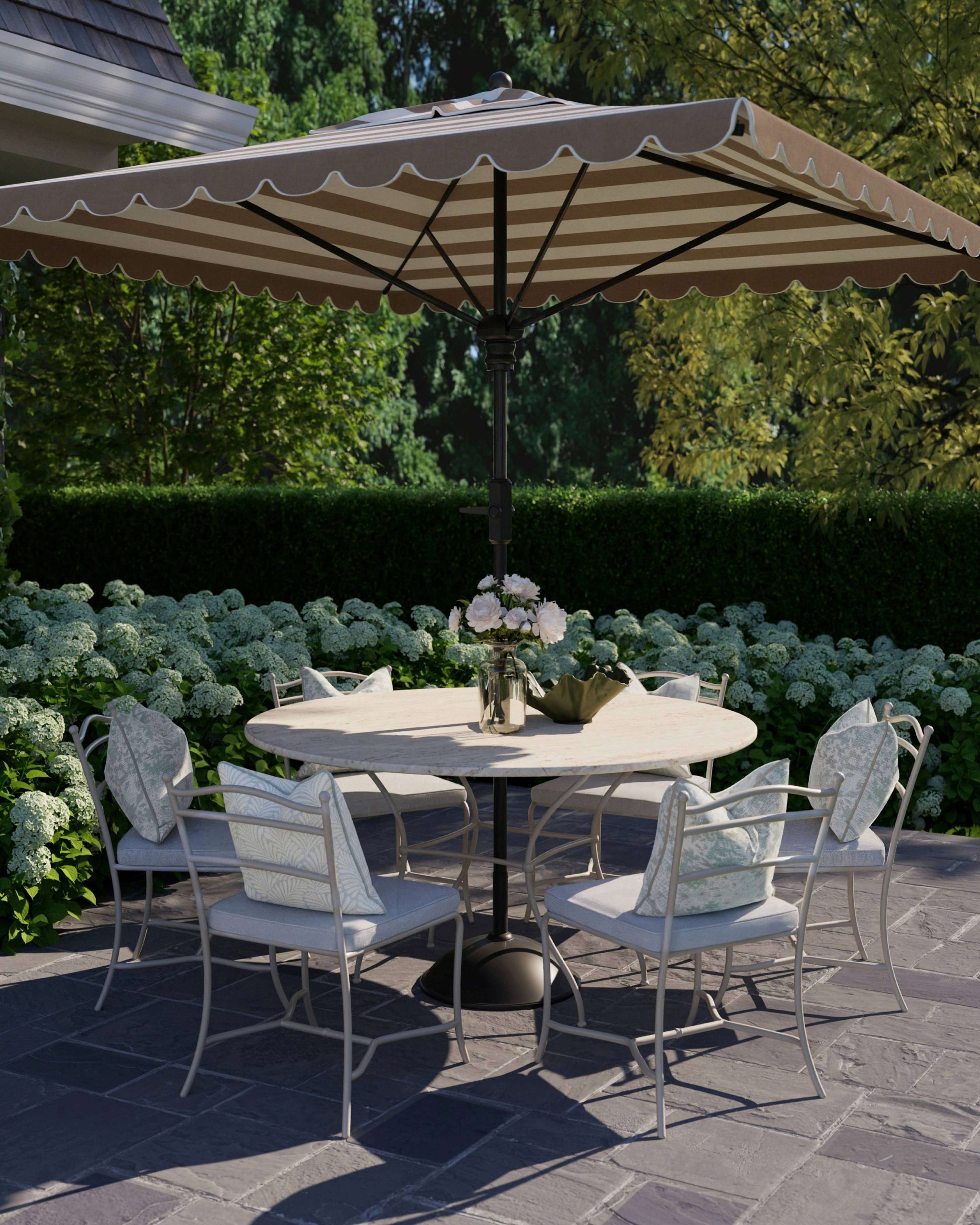 Outdoor dining table with chairs and umbrella