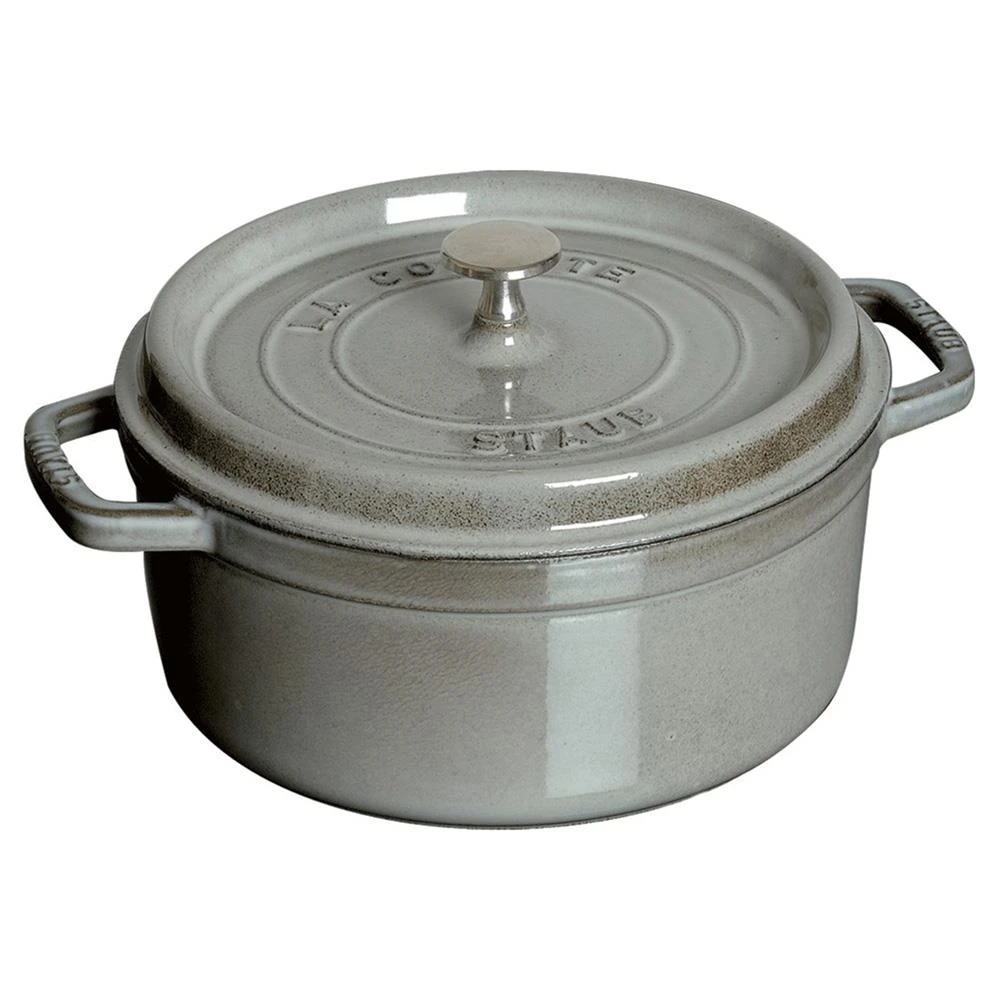 staub gray round cocette pan with lid