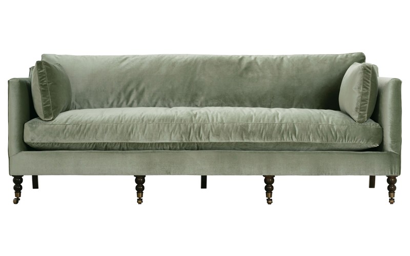 Madeline French Green Upholstered Brown Wood Brass Casters Sofa - Large - 90"W